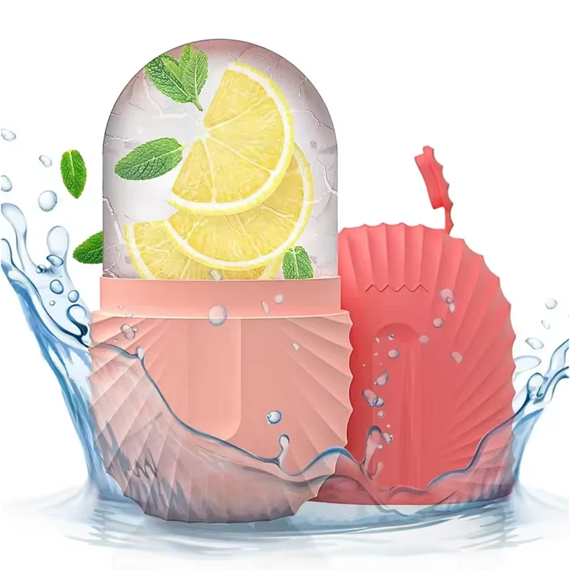 Pink shell-shaped silicone ice roller with lemon and mint ice cube on water splash background