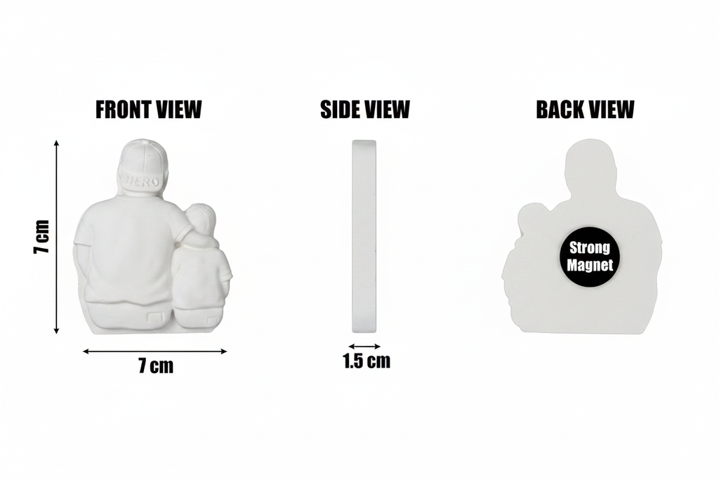 Hero Dad plaster figure dimensions diagram - front, side and back views