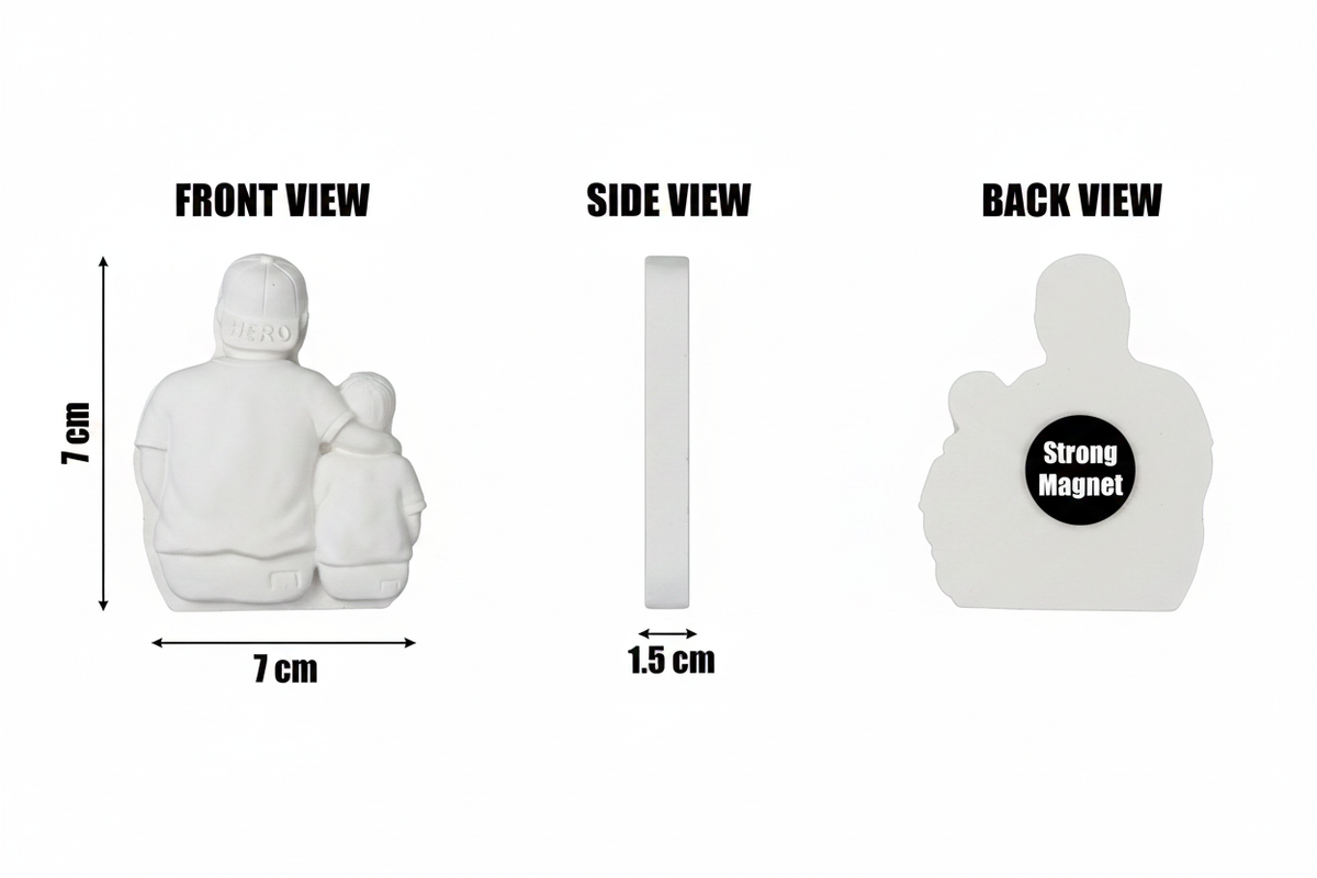 Hero Dad plaster figure dimensions diagram - front, side and back views