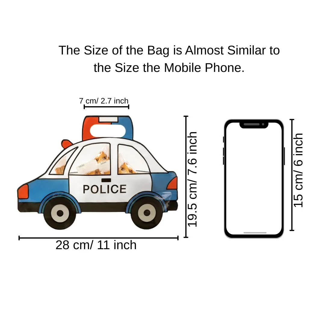 Size reference of police car gift bag - 28cm x 19.5cm compared to a smartphone