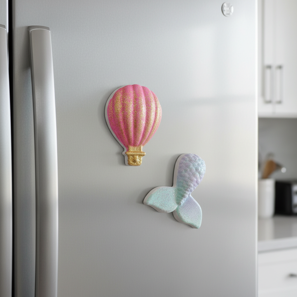 Painted hot air balloon fridge magnets on stainless steel fridge