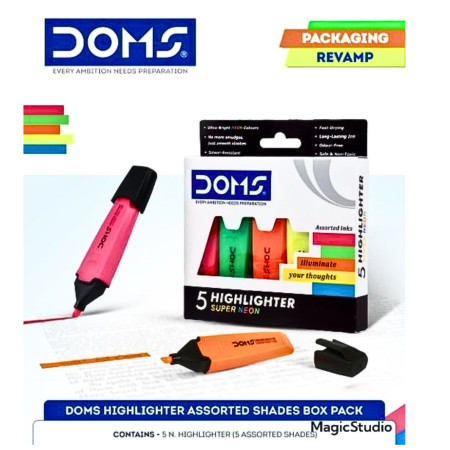 DOMS Super Neon Highlighter assorted shades box pack - packaging revamp