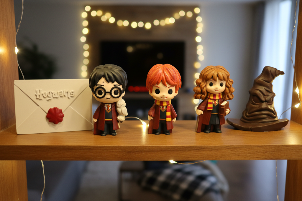 Painted Harry Potter figurine set displayed on a cozy wooden shelf