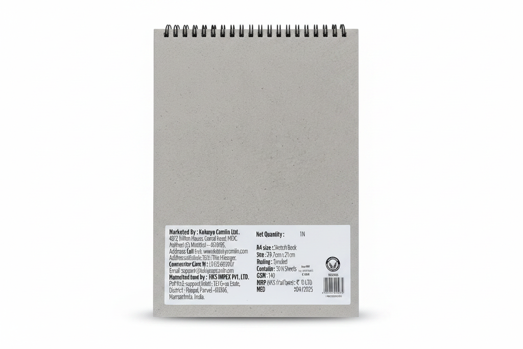 Camel Sketch Book A4 back cover with product details and MRP