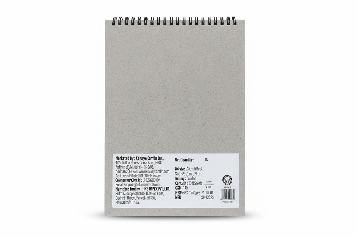 Camel Sketch Book A4 back cover with product details and MRP