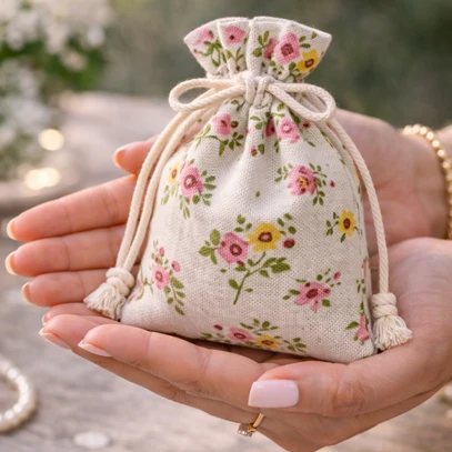 Cream floral printed potli bag held in hand