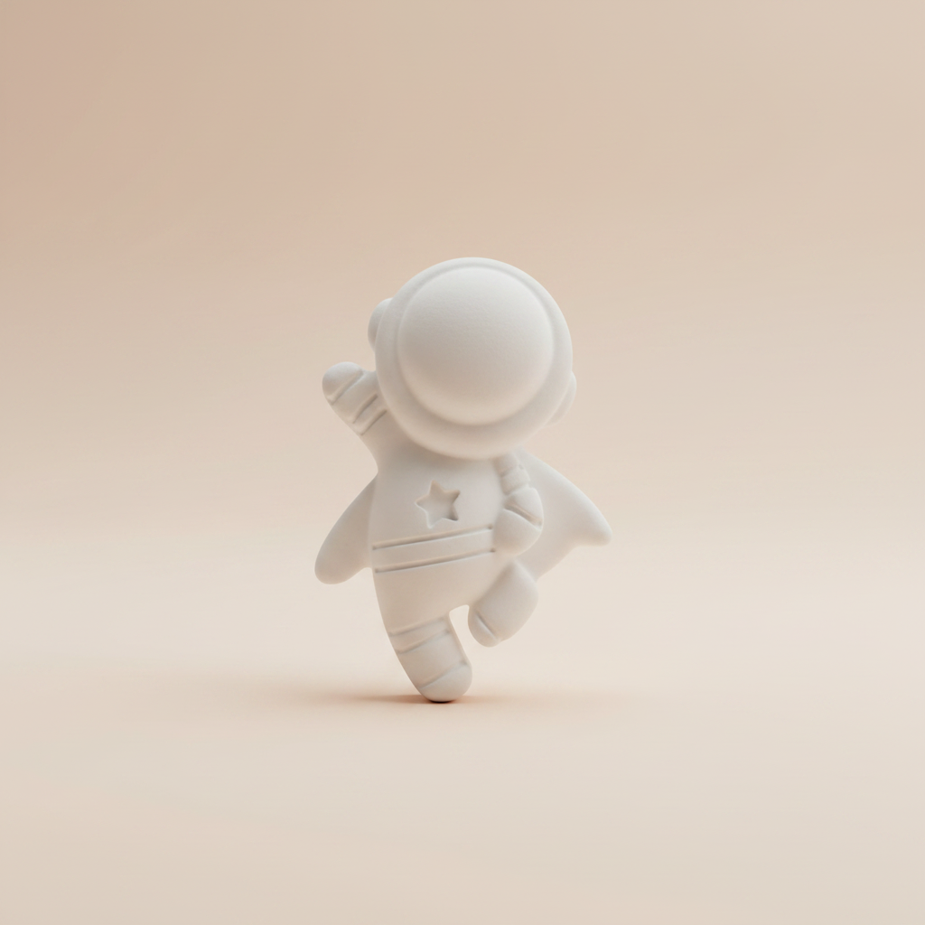 White plaster waving astronaut fridge magnet on soft light peach background