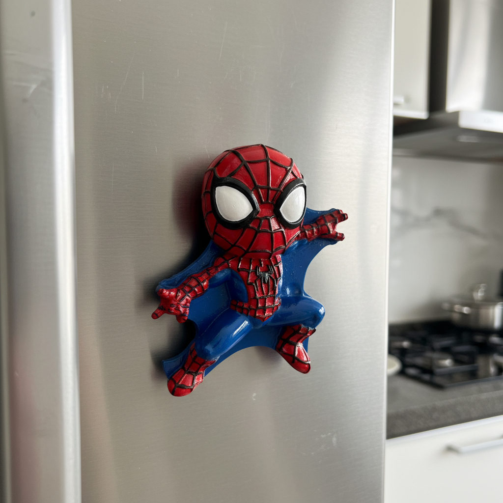Painted Spider-Man fridge magnet on refrigerator