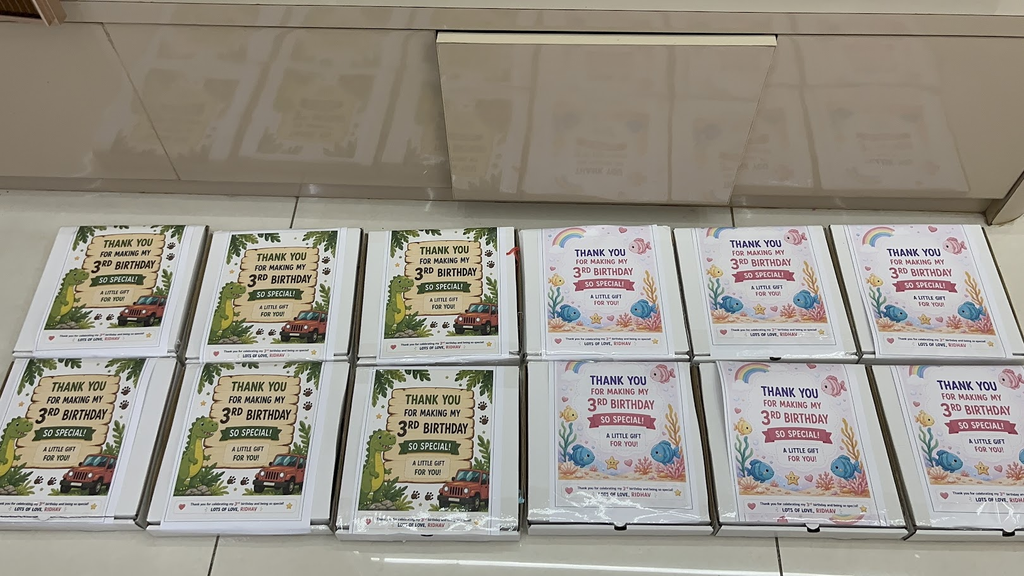 Bulk DIY kit packaging boxes with personalized name banners - birthday theme example