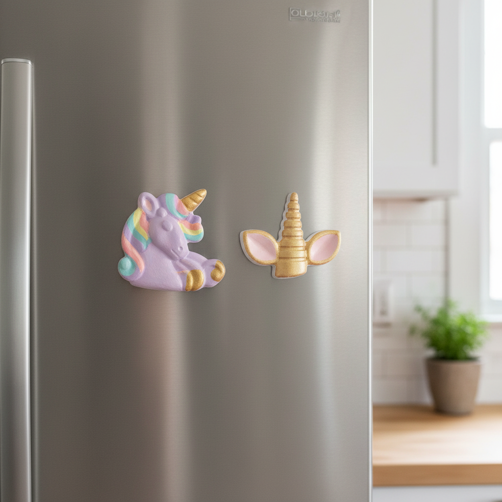 Painted unicorn fridge magnets on stainless steel fridge