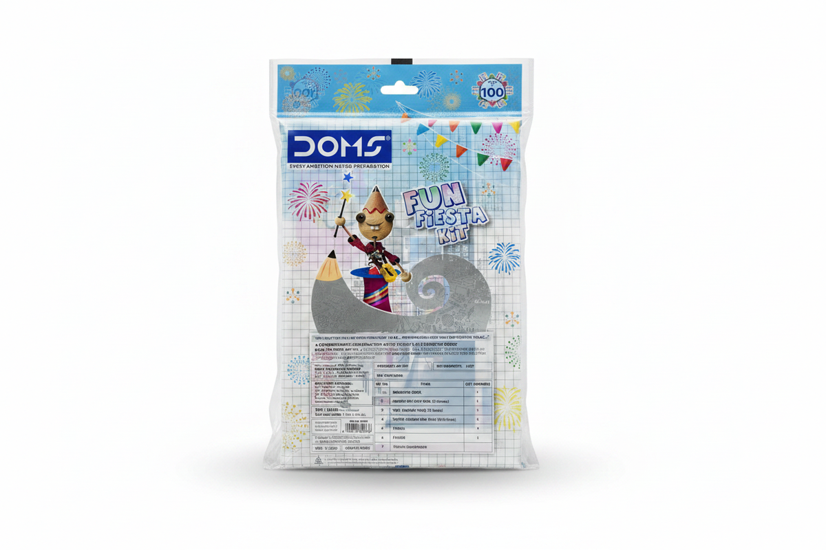 DOMS Fun Fiesta Kit back view with contents table and MRP Rs 100