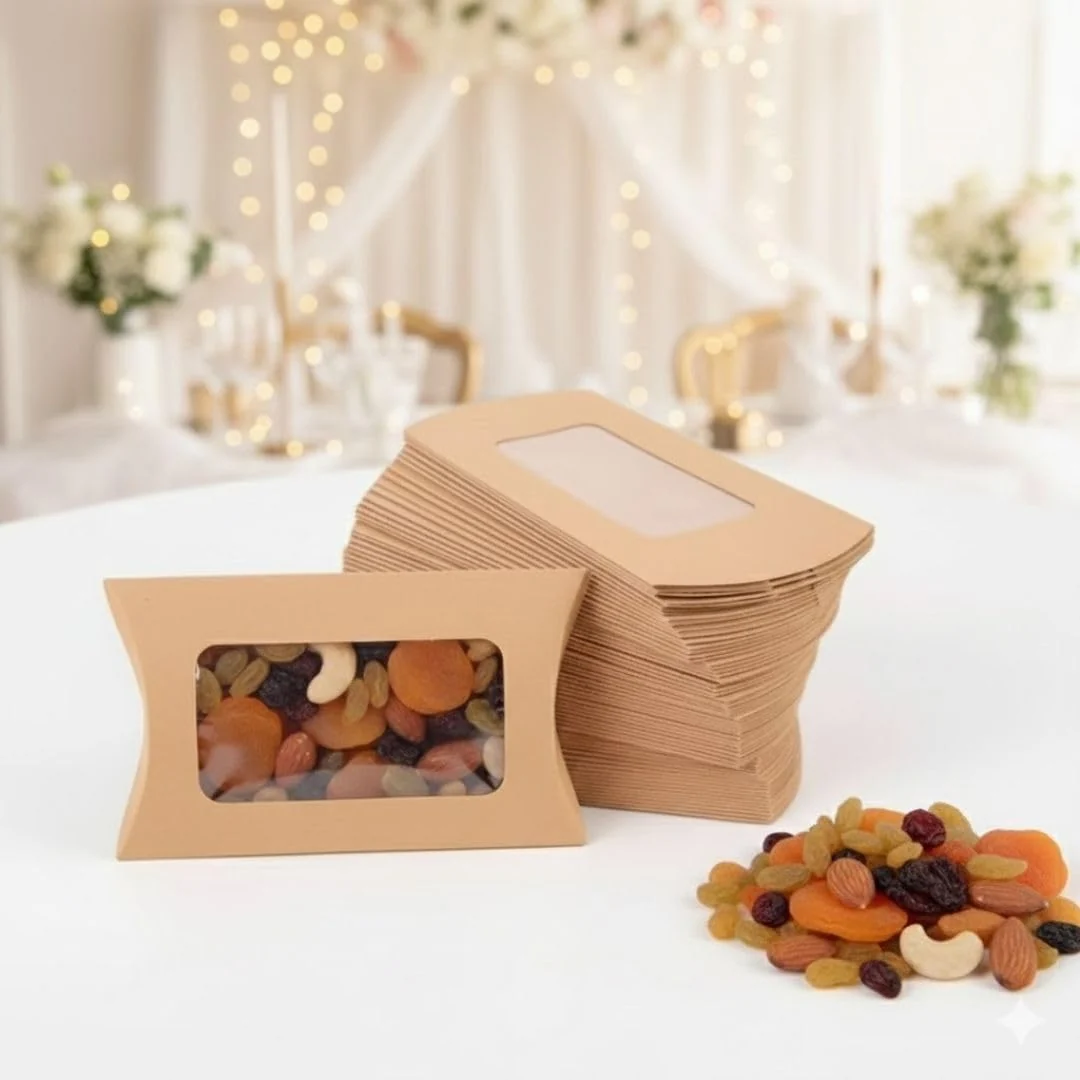 Brown kraft pillow gift boxes filled with mixed dry fruits on a wedding table with fairy lights