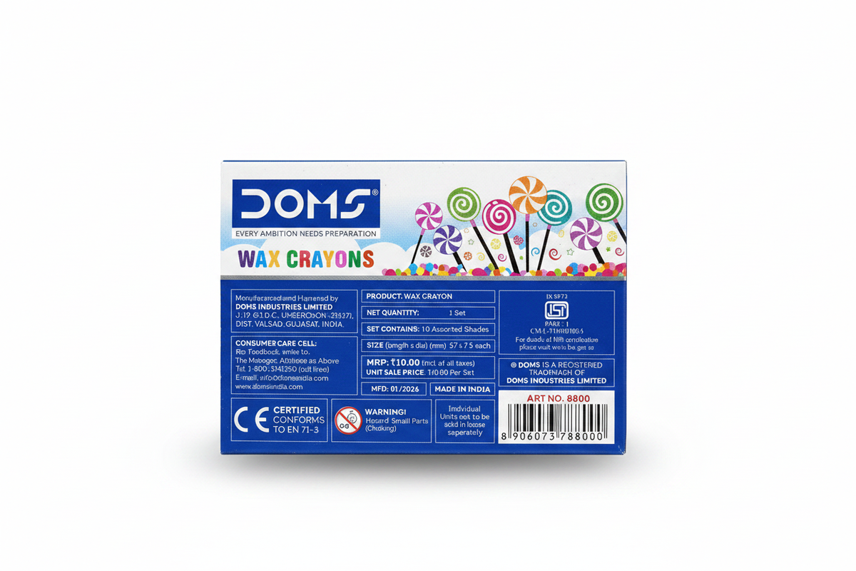 DOMS Super Smooth Wax Crayons 10 shades box back with product details