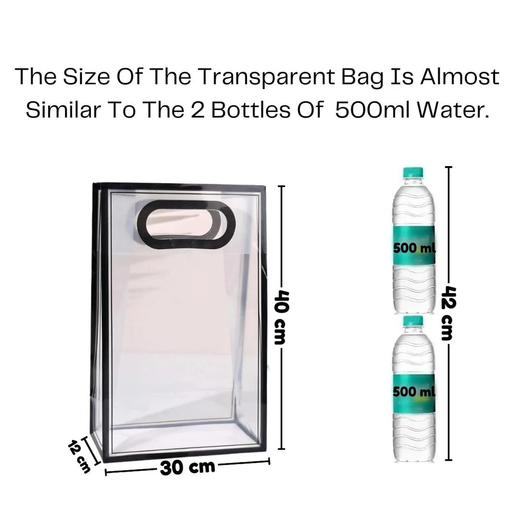 Size reference of transparent gift bag - 30cm x 12cm x 40cm compared to two 500ml water bottles