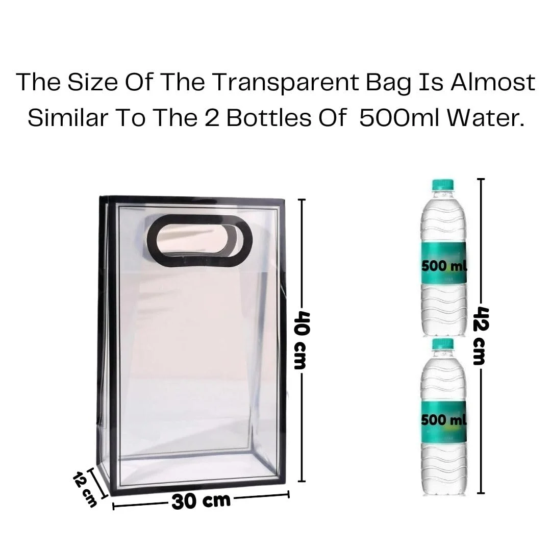 Size reference of transparent gift bag - 30cm x 12cm x 40cm compared to two 500ml water bottles