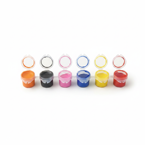 6 colorful acrylic paint pots on clean white background