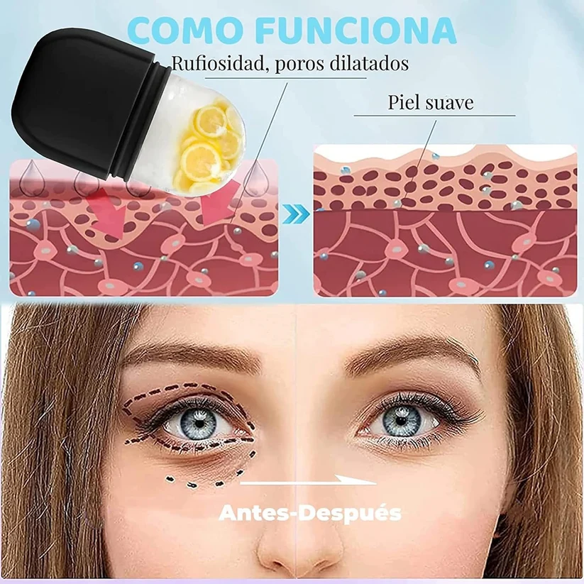 Before and after showing ice roller reducing puffiness and tightening pores for smoother skin