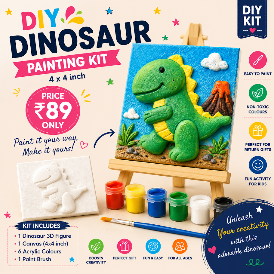 DIY Dinosaur Painting Kit – 4x4 inch canvas with 3D figure, 6 acrylic colours and paint brush