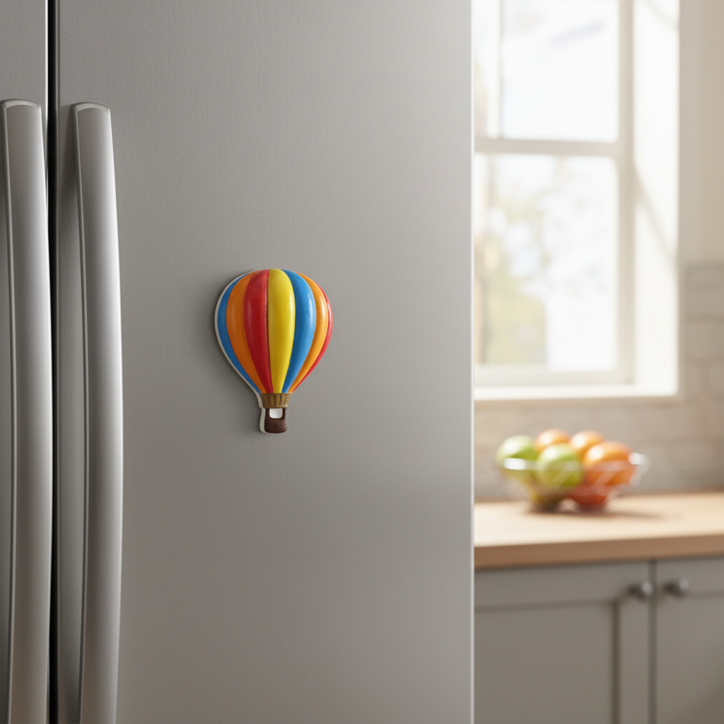 Hot air balloon painted fridge magnet on stainless steel fridge