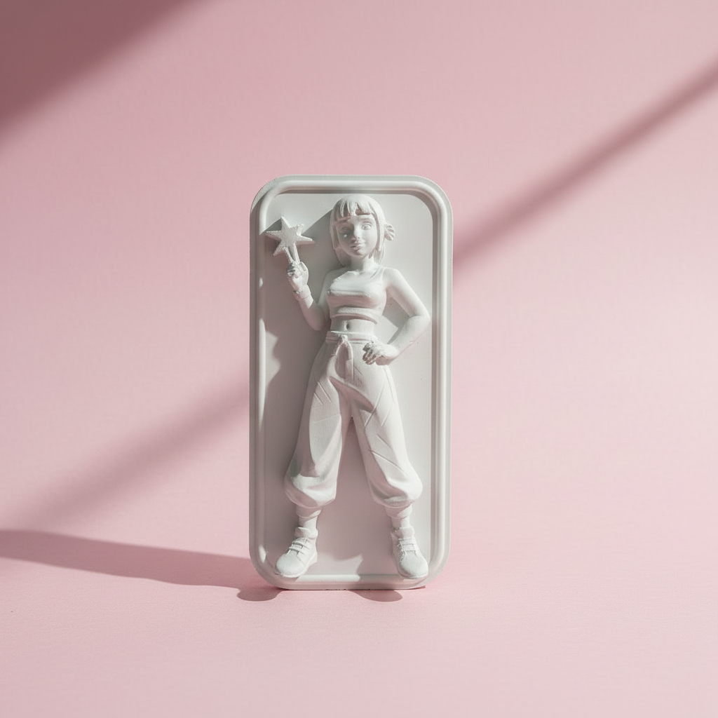 Birthday Star Girl plaster figure mockup - unpainted, pink background