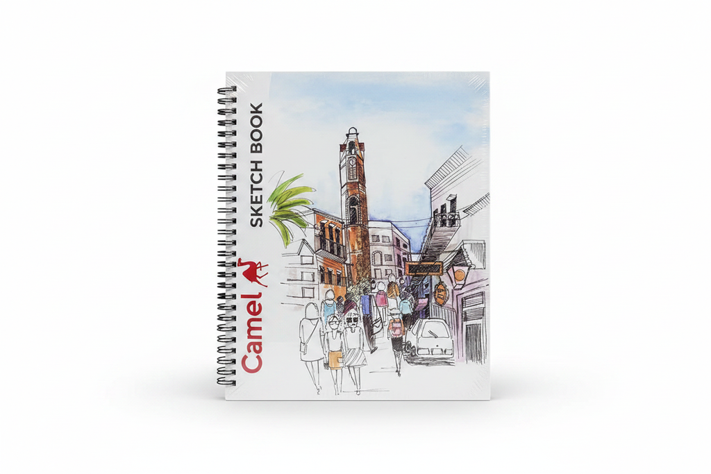 Camel Sketch Book A4 front cover with watercolour street scene artwork