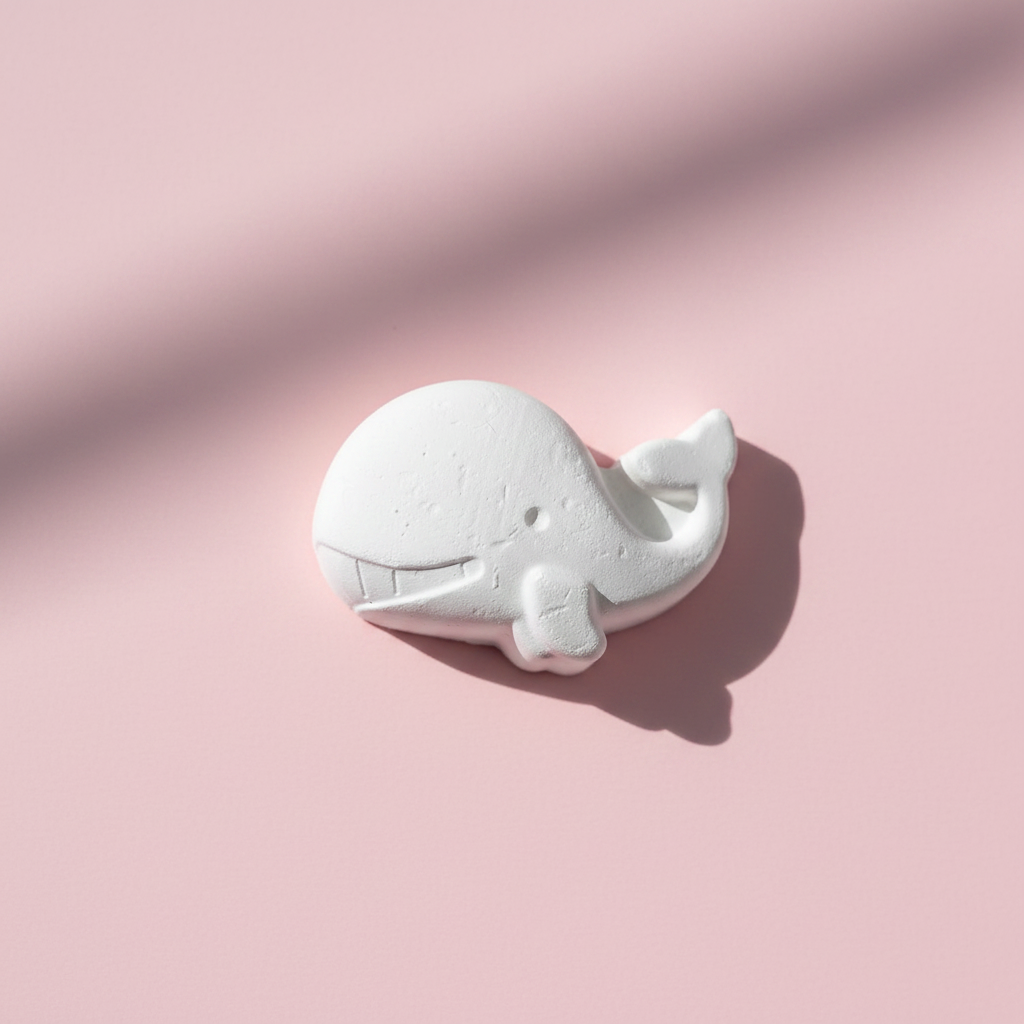 Cute whale plaster fridge magnet on pink background