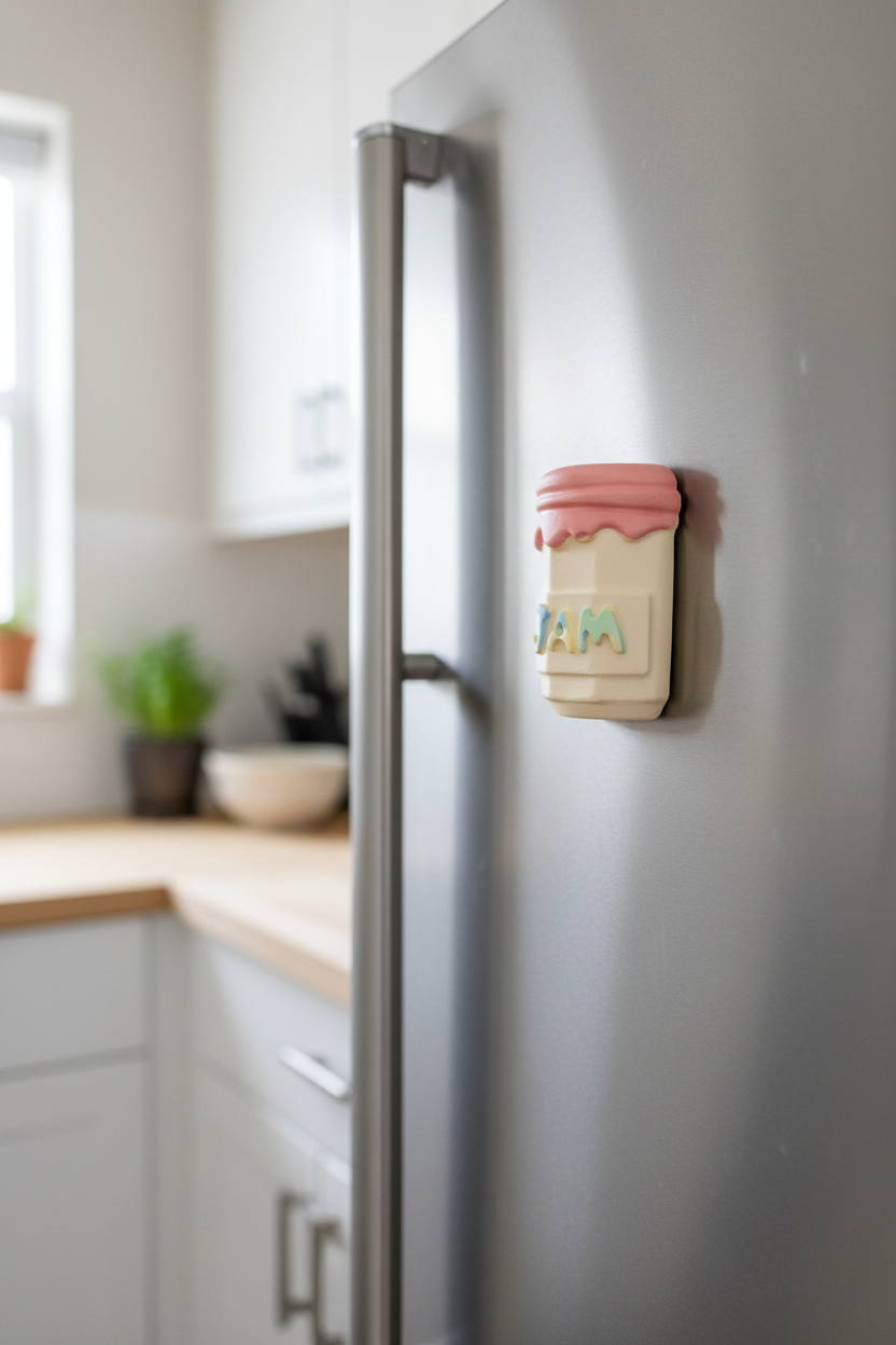 Painted jam jar plaster magnet on stainless steel refrigerator