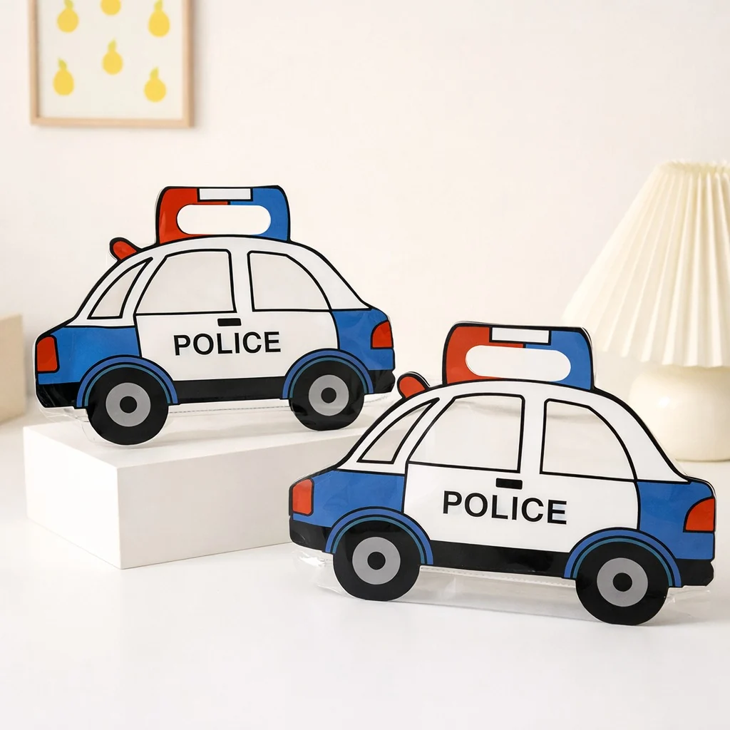 Two police car design gift bags with die-cut siren handle displayed on white blocks