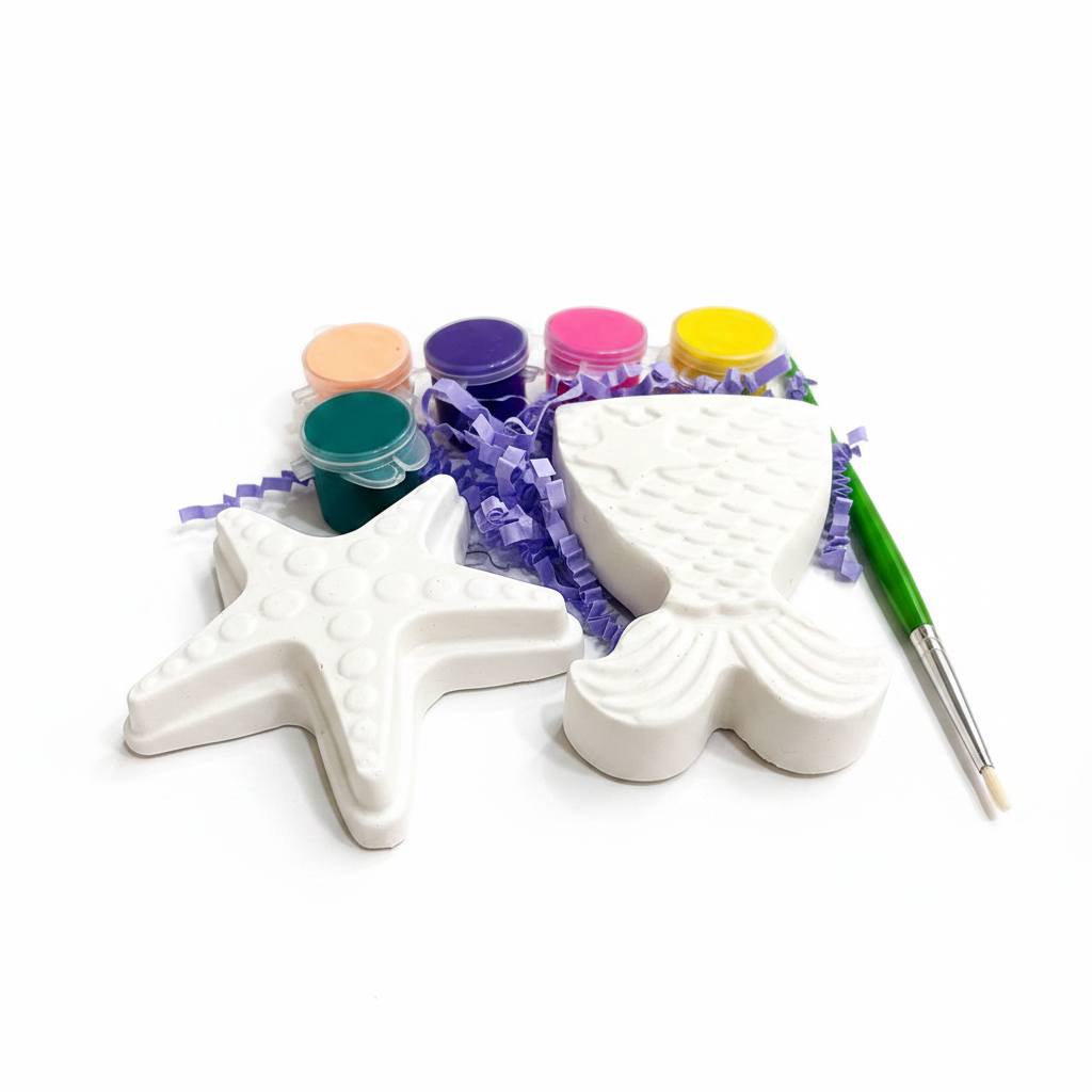 DIY plaster starfish and mermaid tail paint kit with 4 colour pots and brush on white background