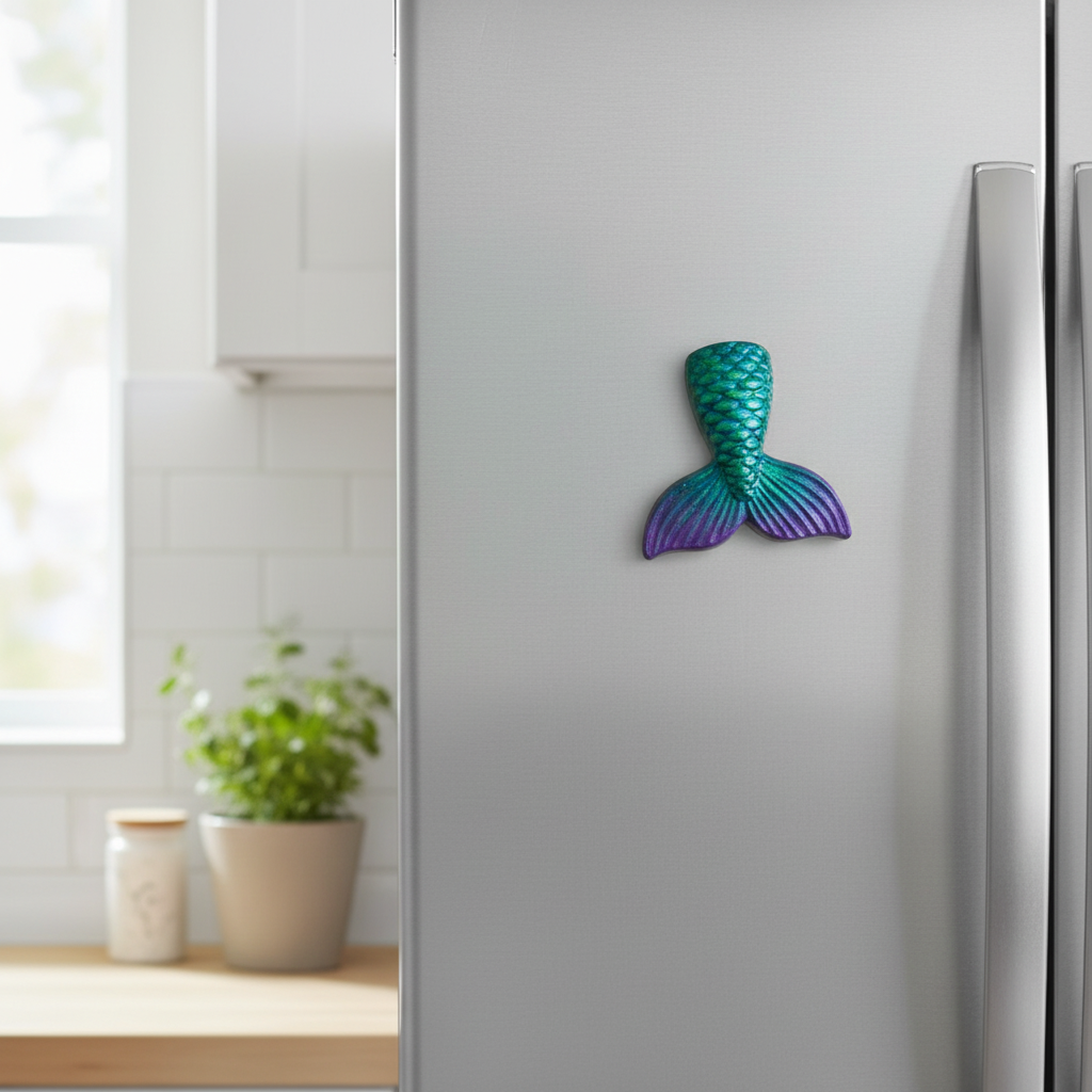 Mermaid tail painted fridge magnet on stainless steel fridge