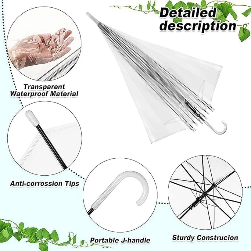 Detailed description of transparent dome umbrella showing waterproof material, anti-corrosion tips, J-handle and sturdy construction