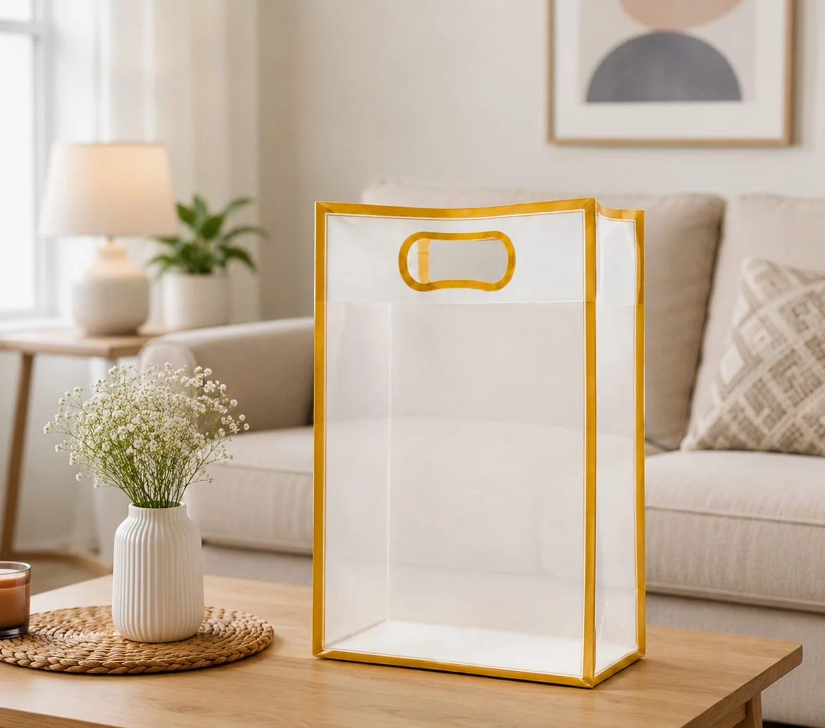 Large transparent golden border gift bag with die-cut handle in a living room setting