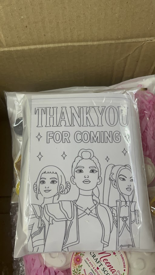 Thank You for Coming coloring sheet with pink shredded paper packing