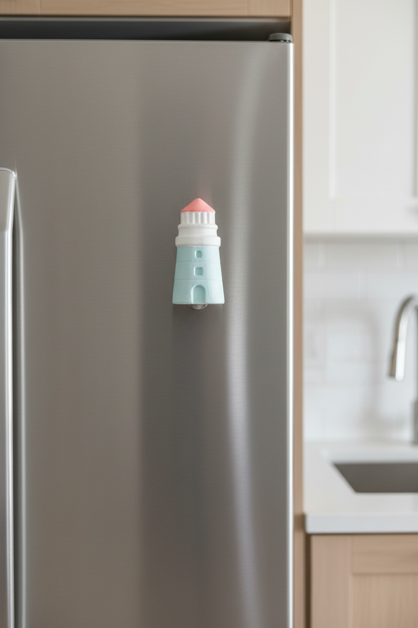 Painted lighthouse plaster magnet on stainless steel refrigerator