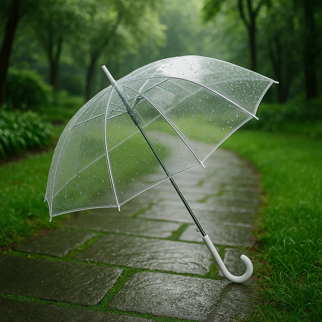 Transparent dome umbrella with curved J-handle open on a rainy garden path