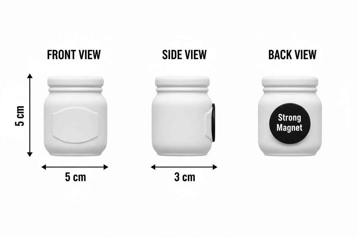 Jam jar plaster figure dimensions diagram - front, side and back views