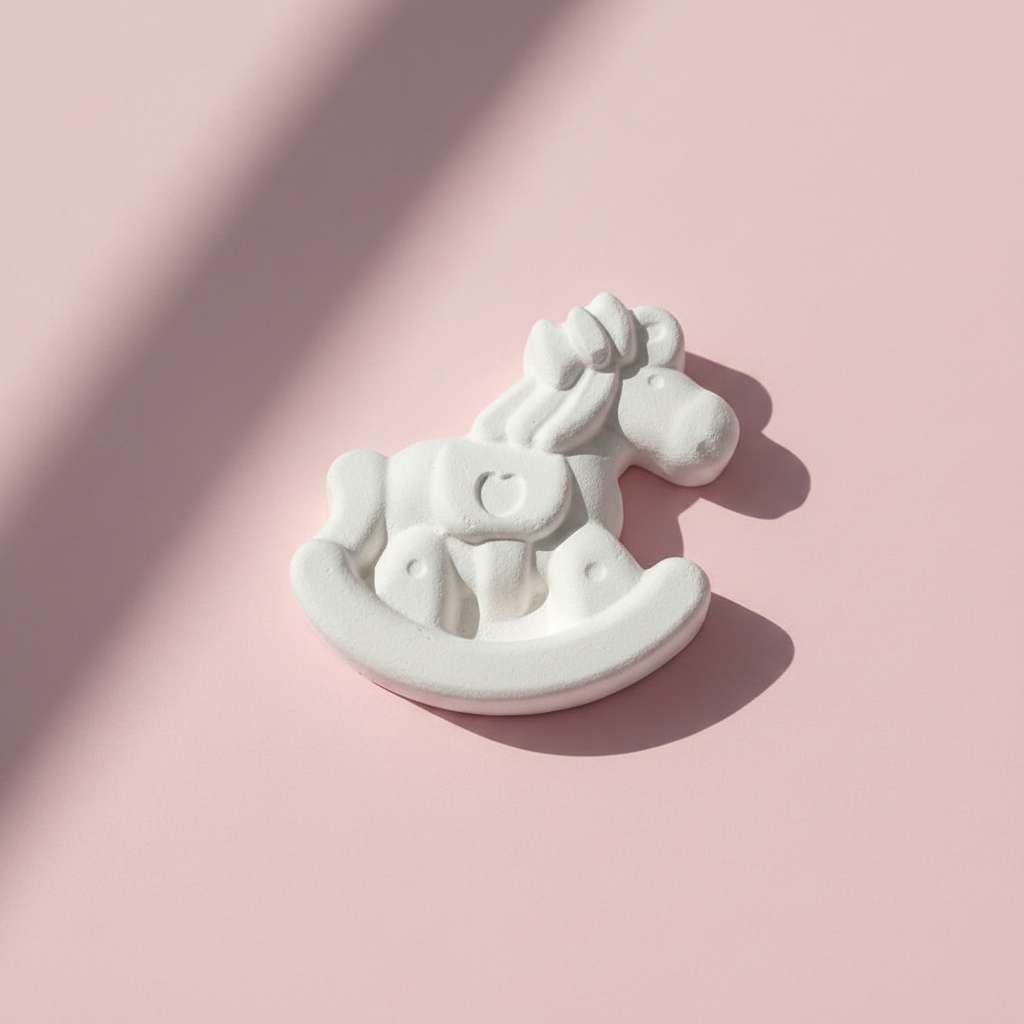 Rocking horse plaster fridge magnet on pink background