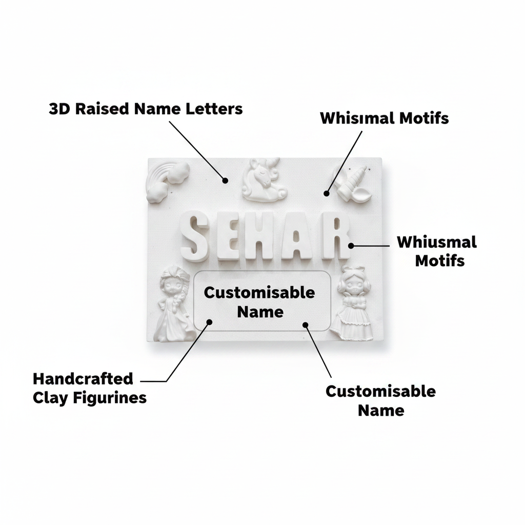 Customisable kids name plaque features callout diagram