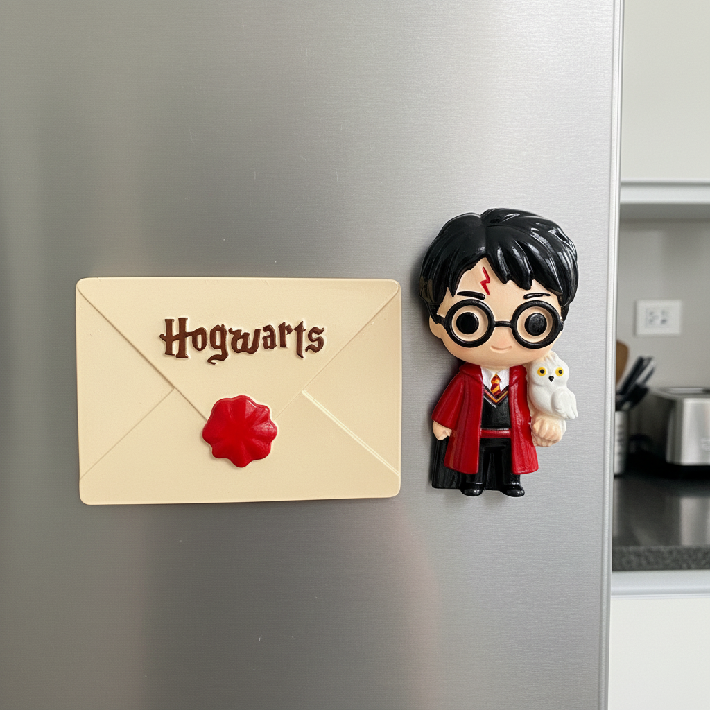 Painted Harry Potter and Hogwarts Letter fridge magnets on refrigerator