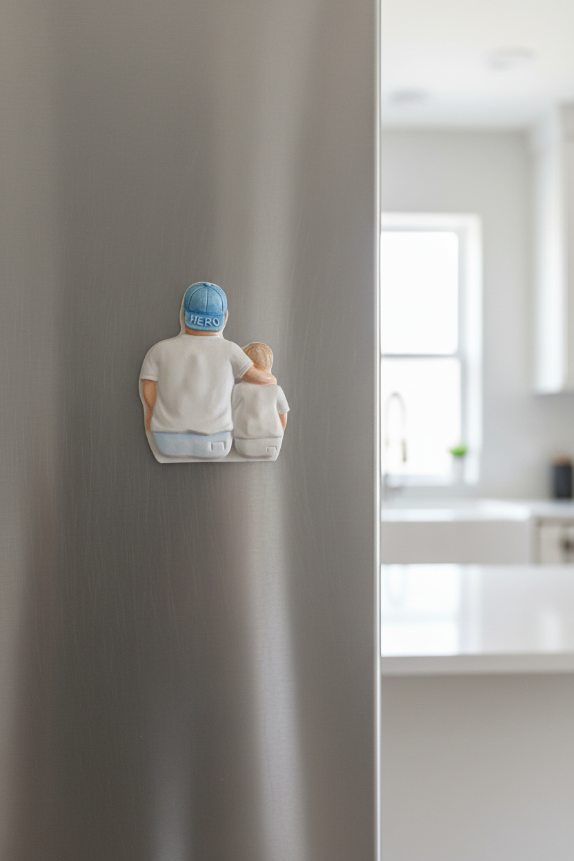 Painted Hero Dad and child plaster magnet on stainless steel refrigerator