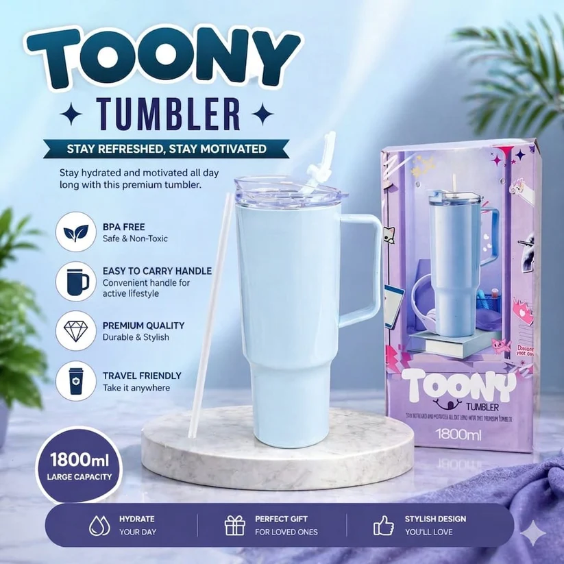 Toony Tumbler 1800ml product banner showing BPA-free, easy handle, premium quality and travel-friendly features with gift box