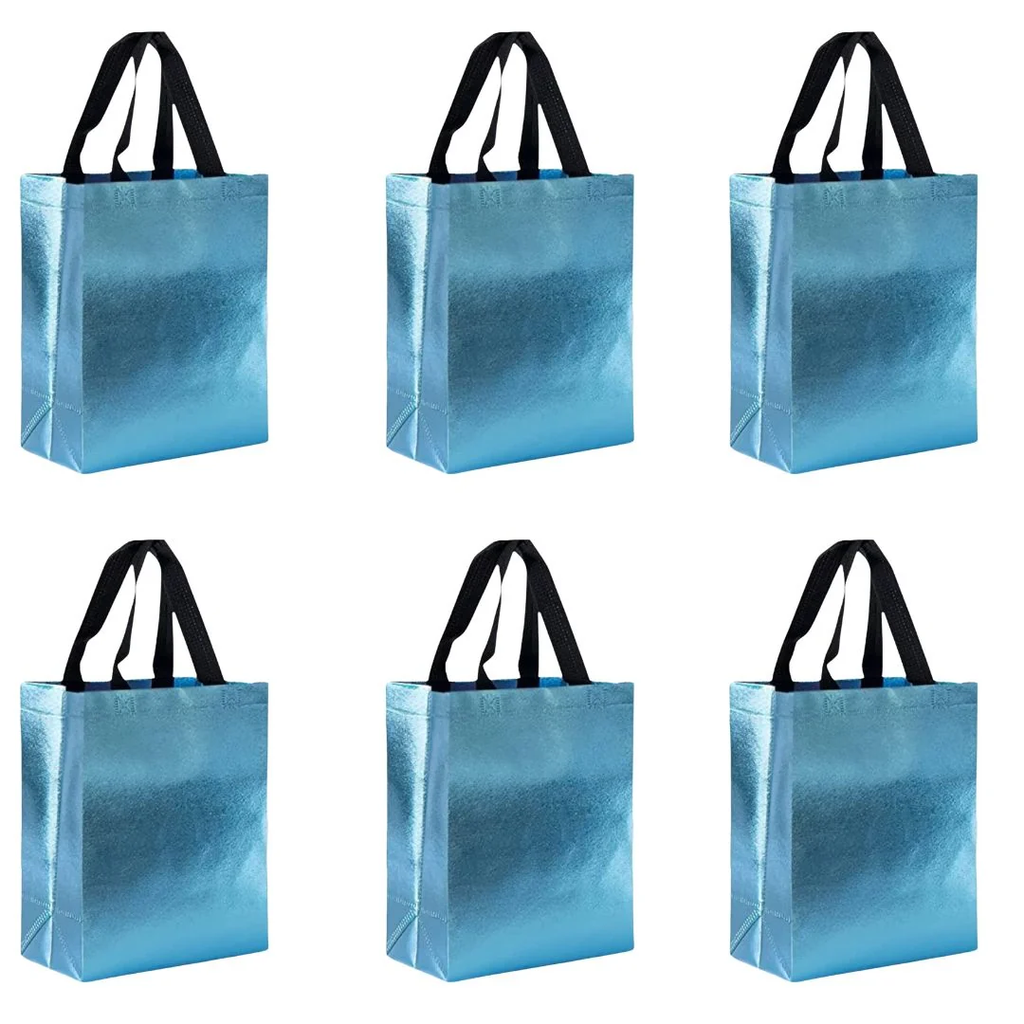 Set of 6 metallic blue holographic gift bags with black handles