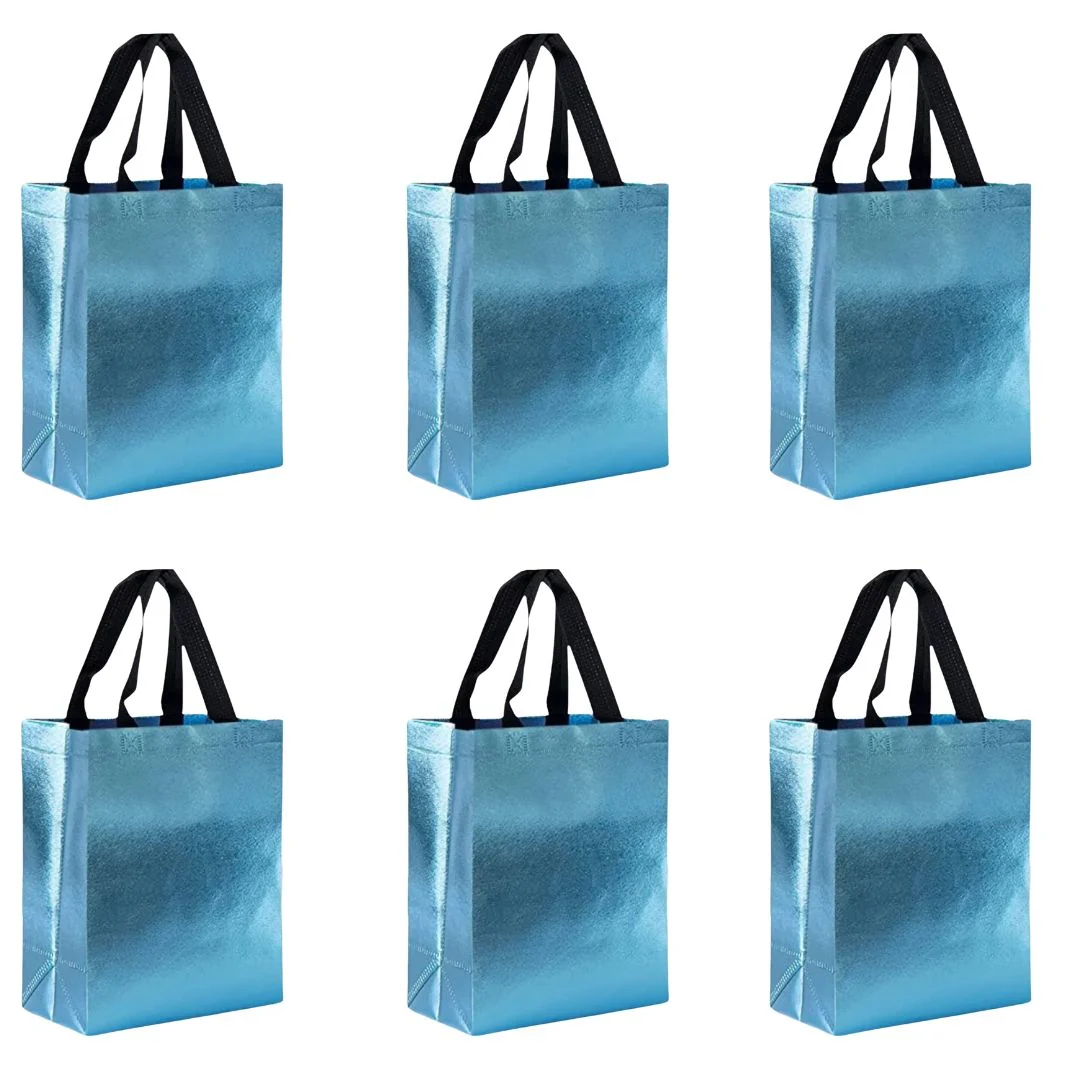 Set of 6 metallic blue holographic gift bags with black handles