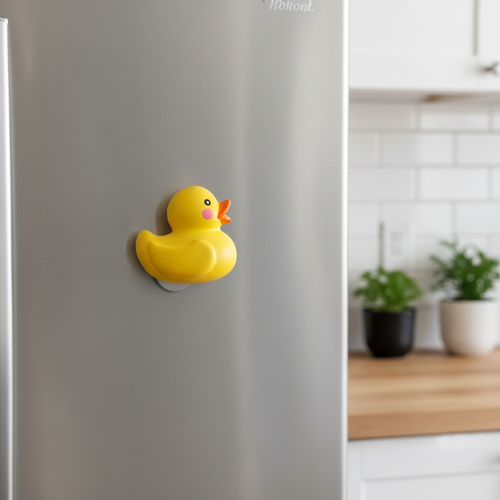 Rubber duck painted fridge magnet on stainless steel fridge