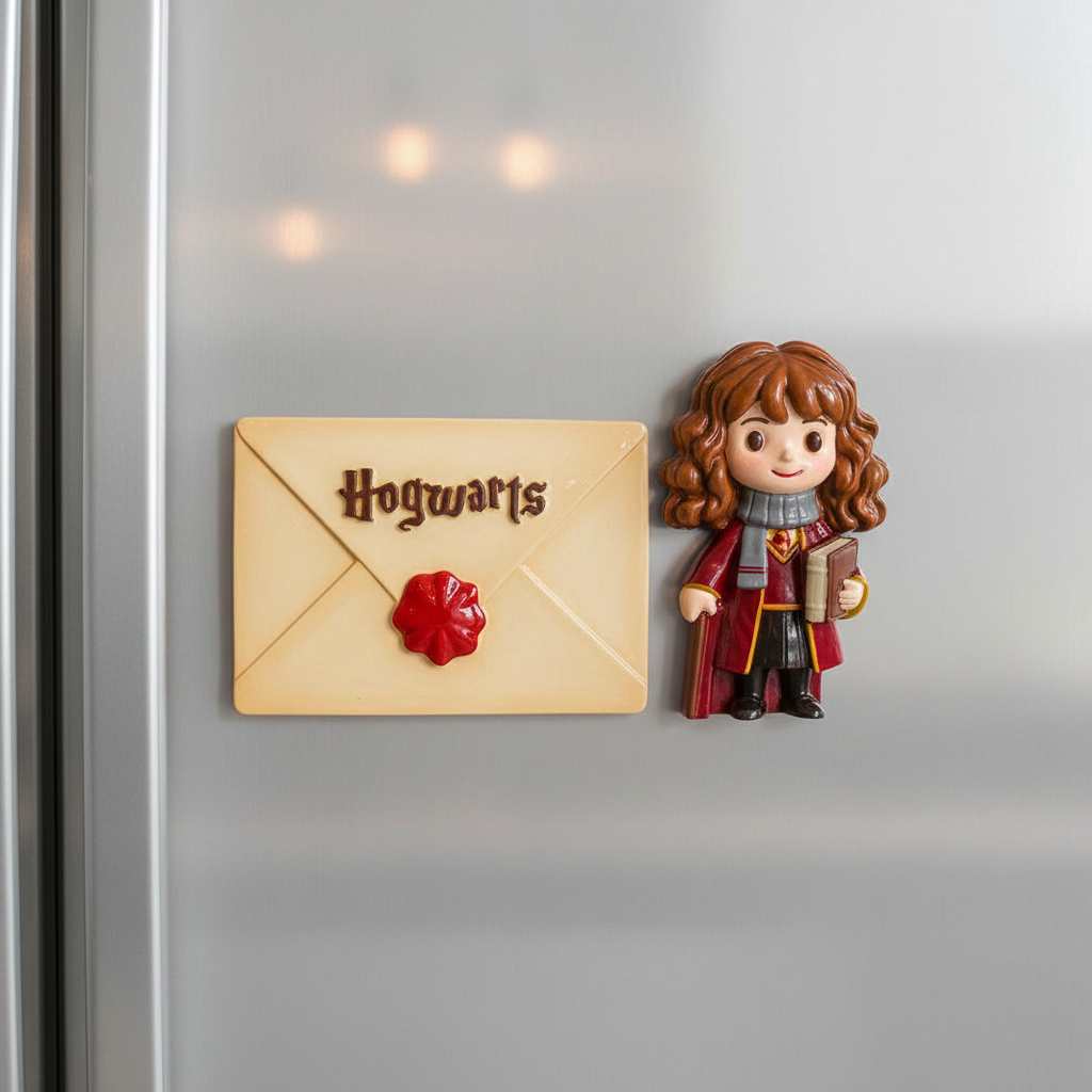 Painted Hermione Granger and Hogwarts Letter fridge magnets on refrigerator