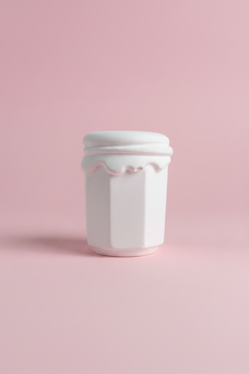White unpainted plaster jam jar figure on pastel pink surface, no text