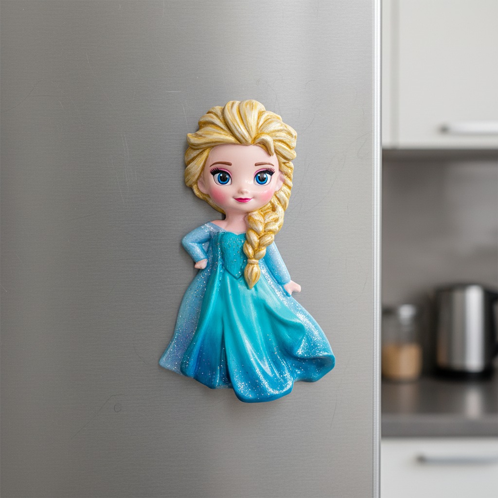 Painted Elsa fridge magnet on refrigerator