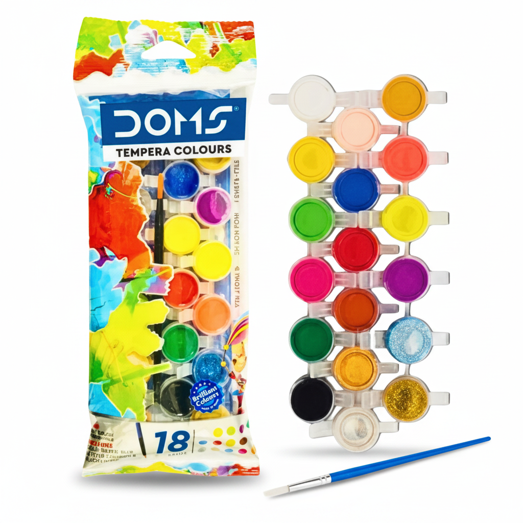DOMS Tempera Colours 18 shades with brush on white background