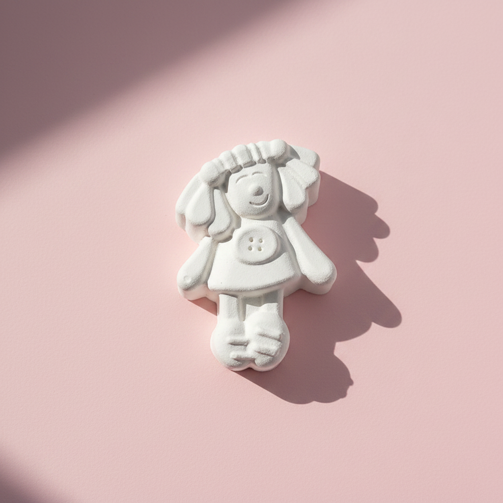Cute doll character plaster fridge magnet on pink background