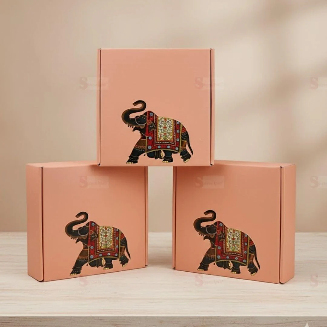 Set of three peach elephant printed mailer gift boxes